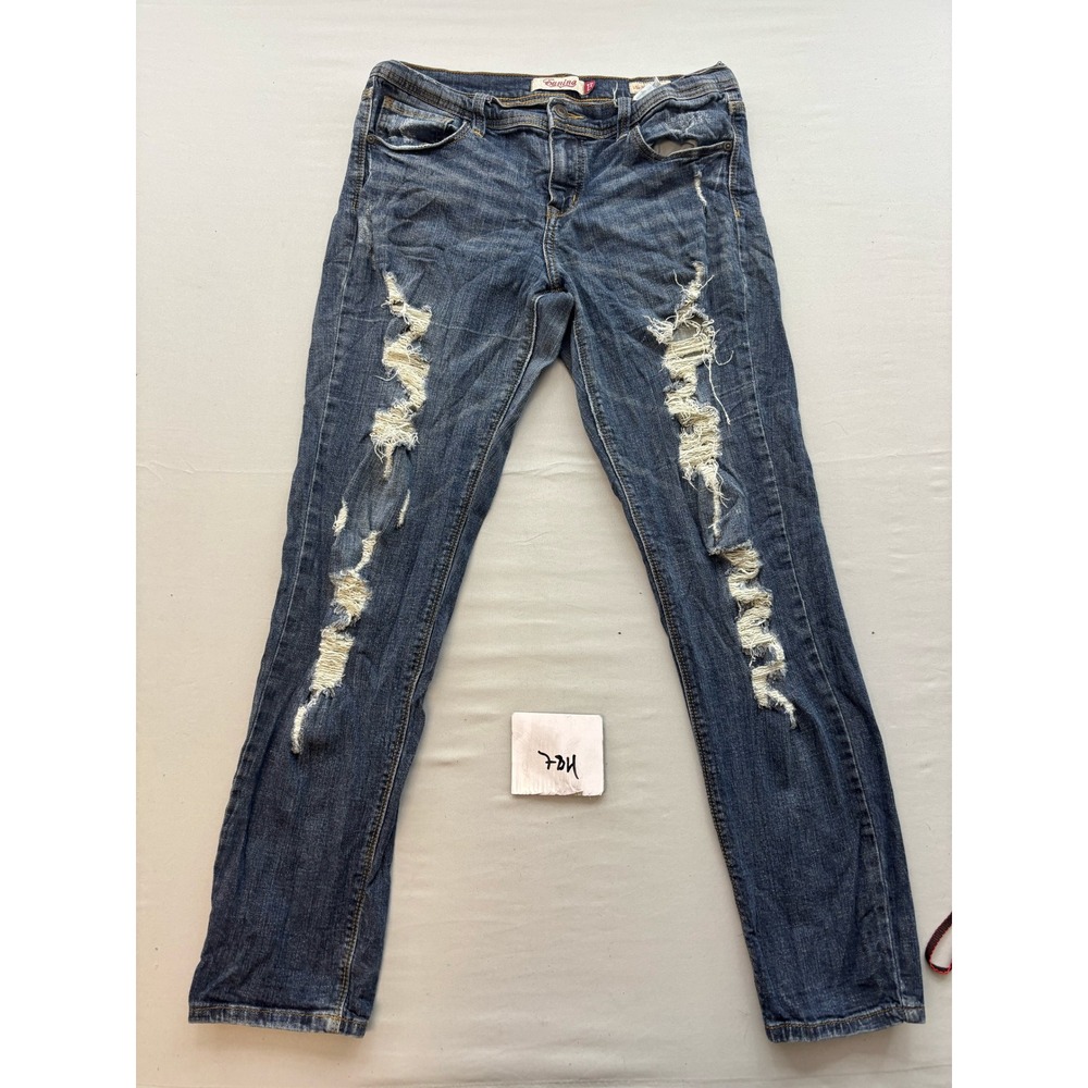 Eunina Low Rise Relaxed Skinny Jeans Blue Distressed Ripped Denim Size 13